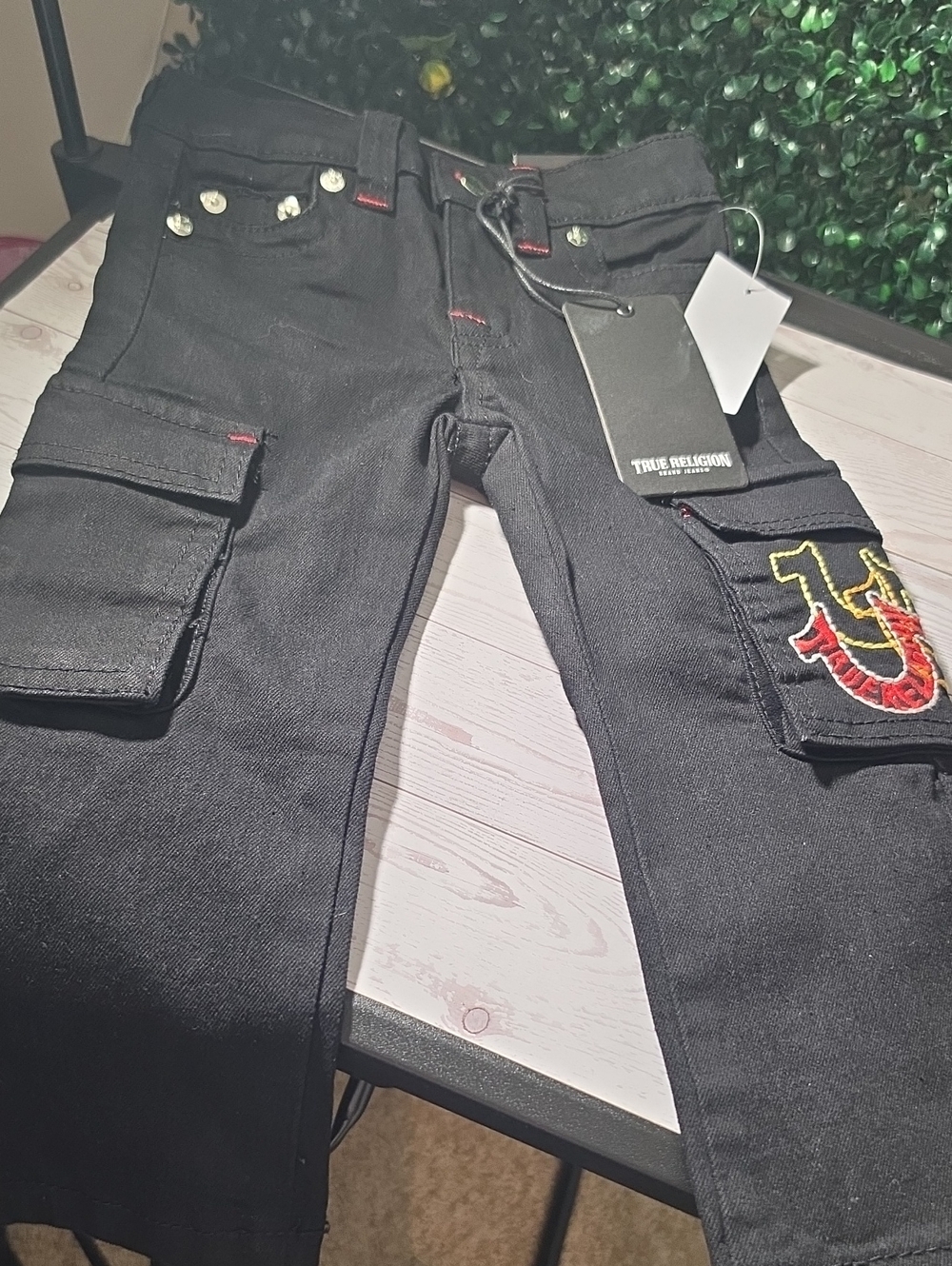 Toddlers True Religion Black Cargo Jeans with Embroidered Horseshoe Accent